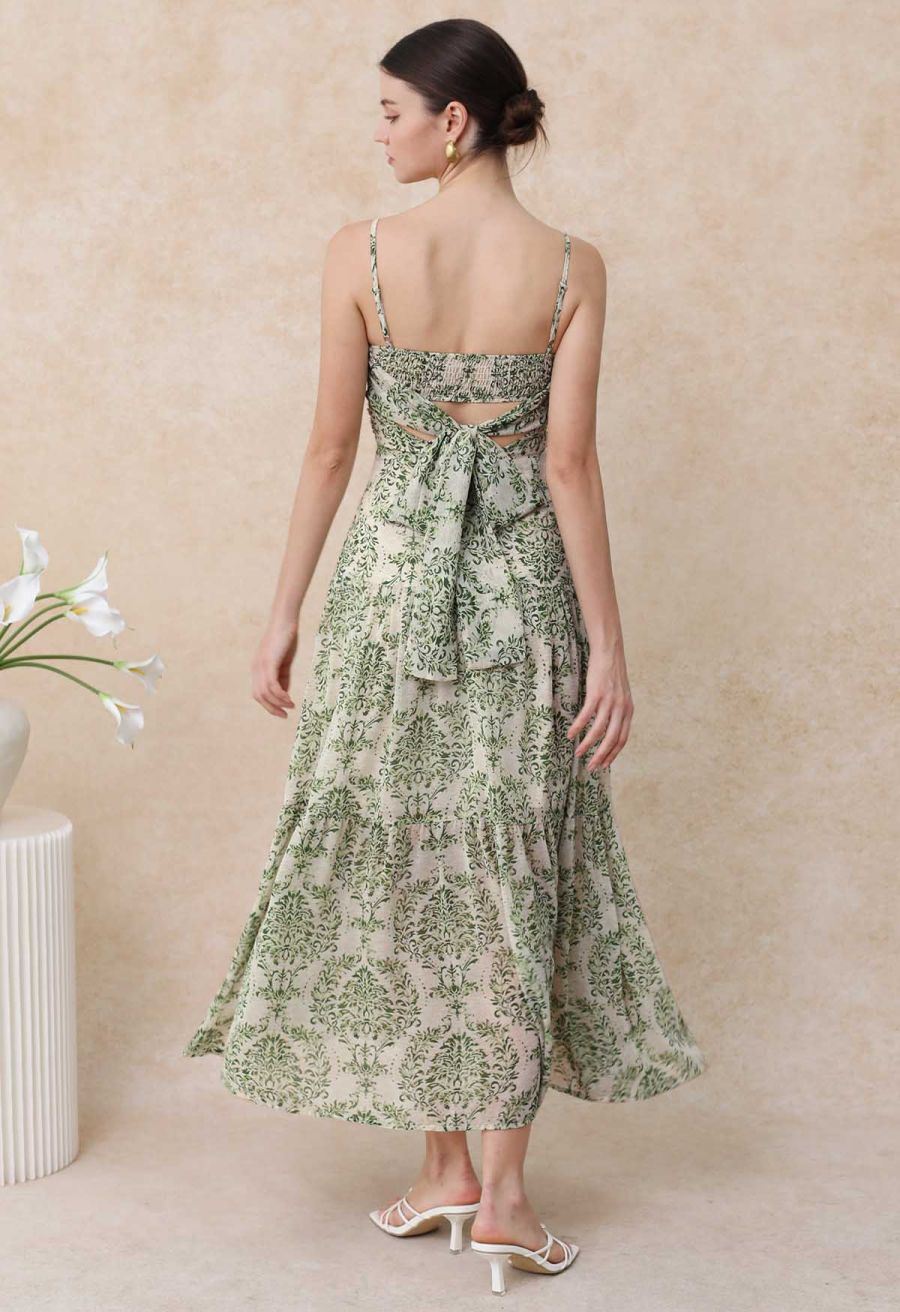 Green Damask Printed Tie-Back Cami Dress