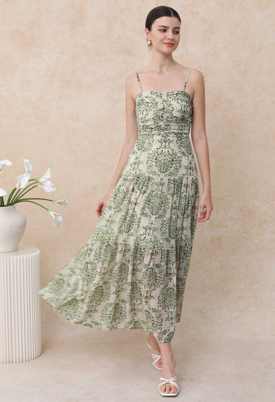 Green Damask Printed Tie-Back Cami Dress