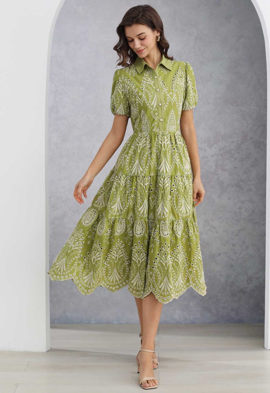 Boho Charm Embroidered Floral Eyelet Midi Dress