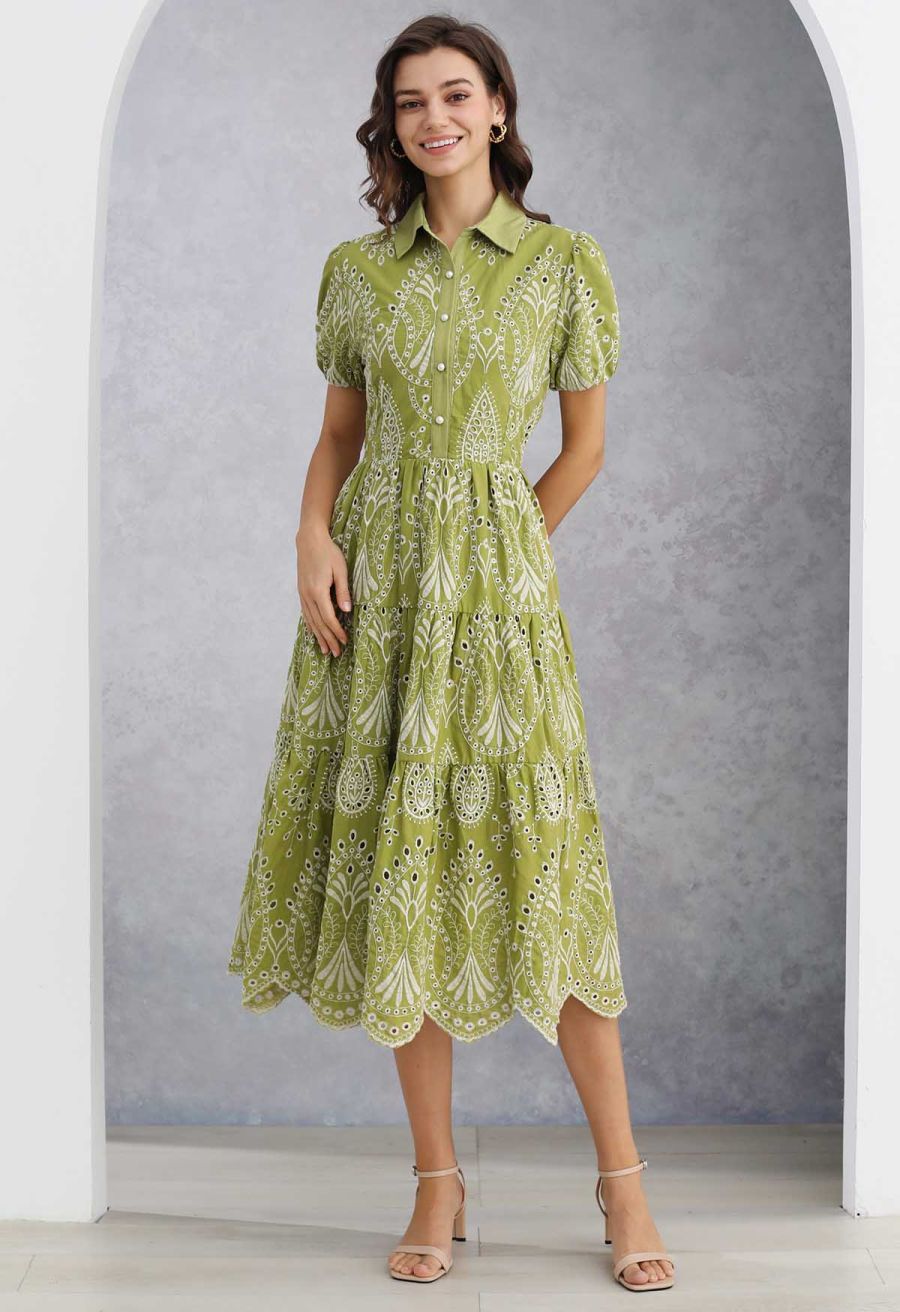 Boho Charm Embroidered Floral Eyelet Midi Dress
