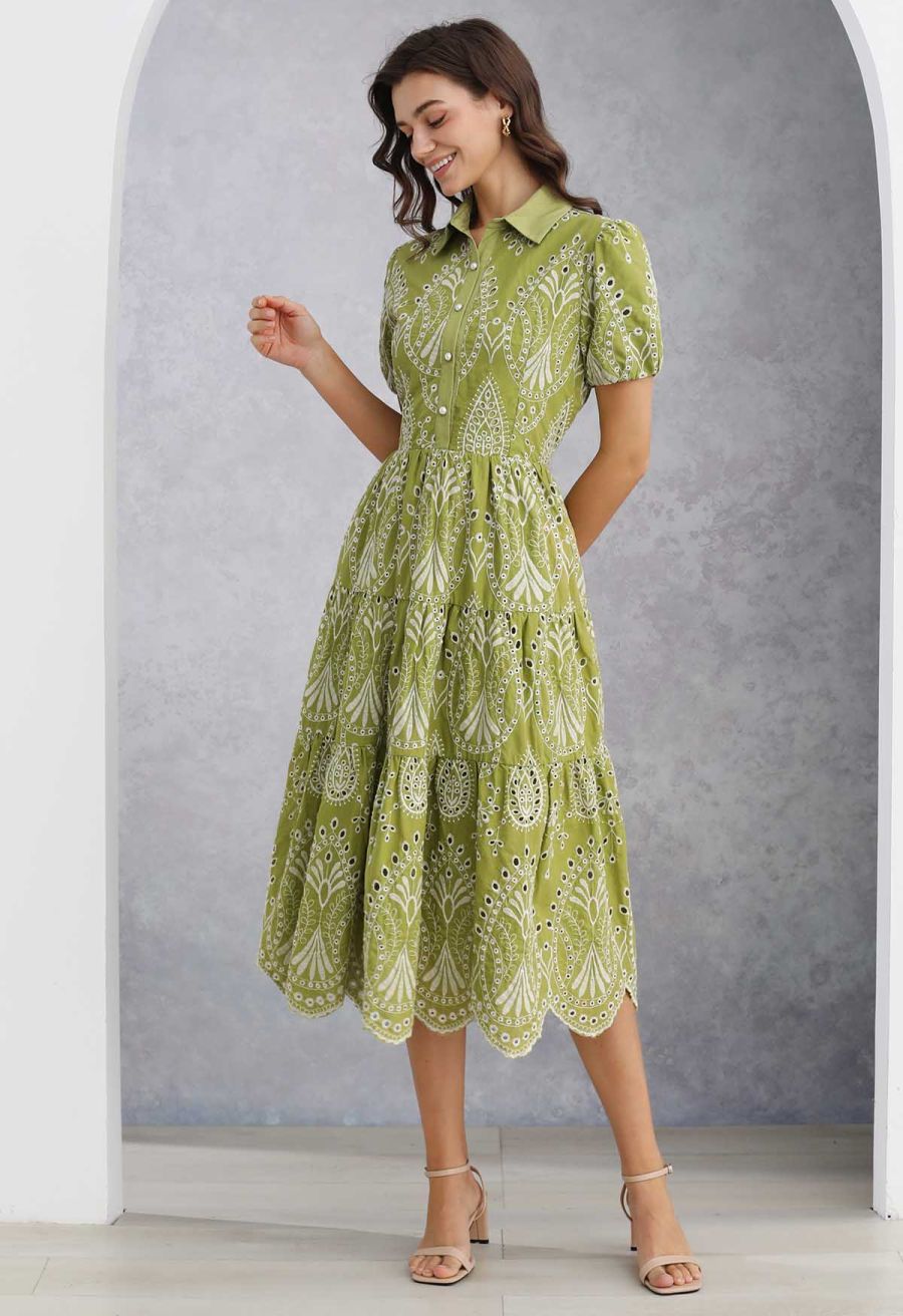 Boho Charm Embroidered Floral Eyelet Midi Dress
