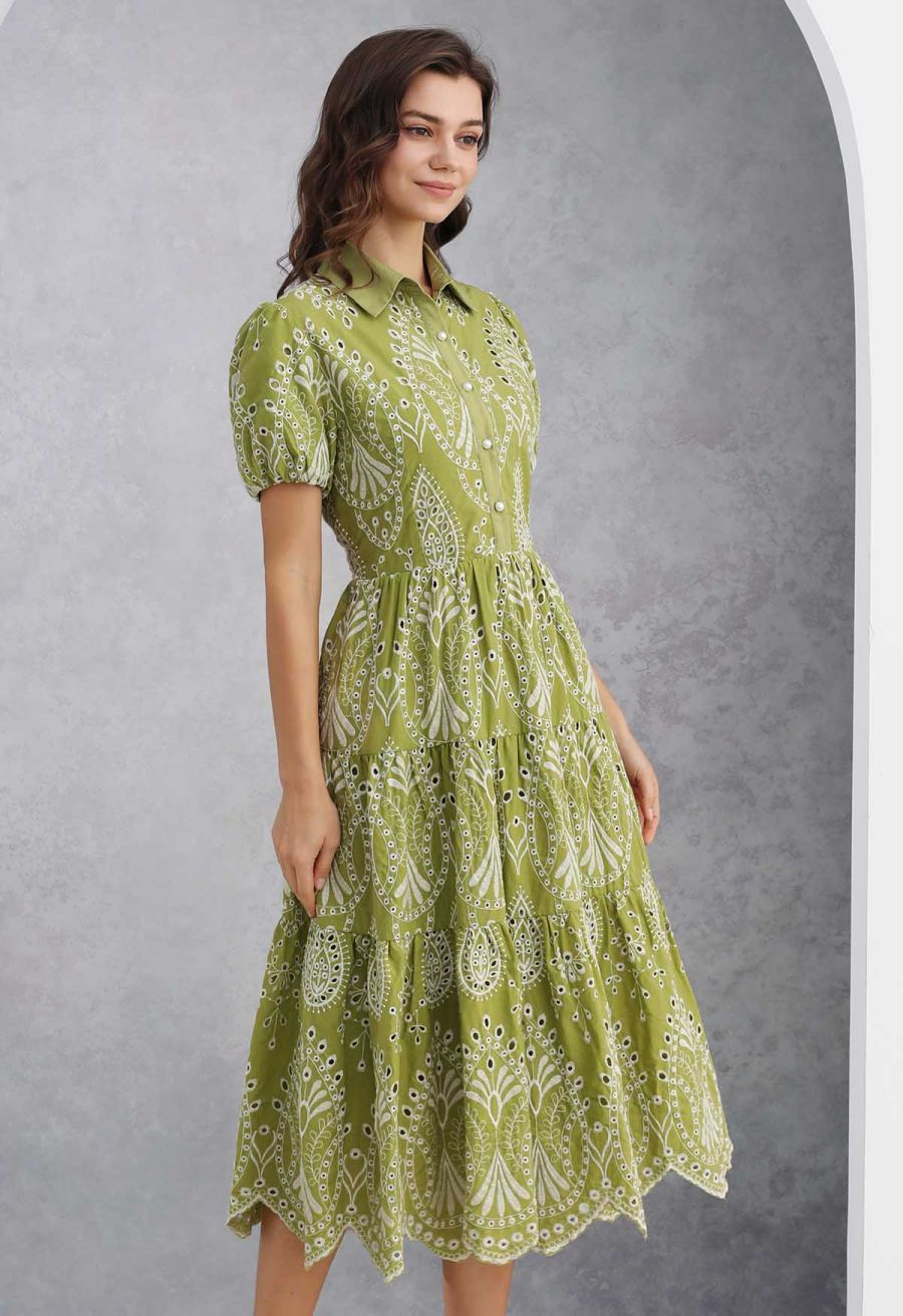 Boho Charm Embroidered Floral Eyelet Midi Dress