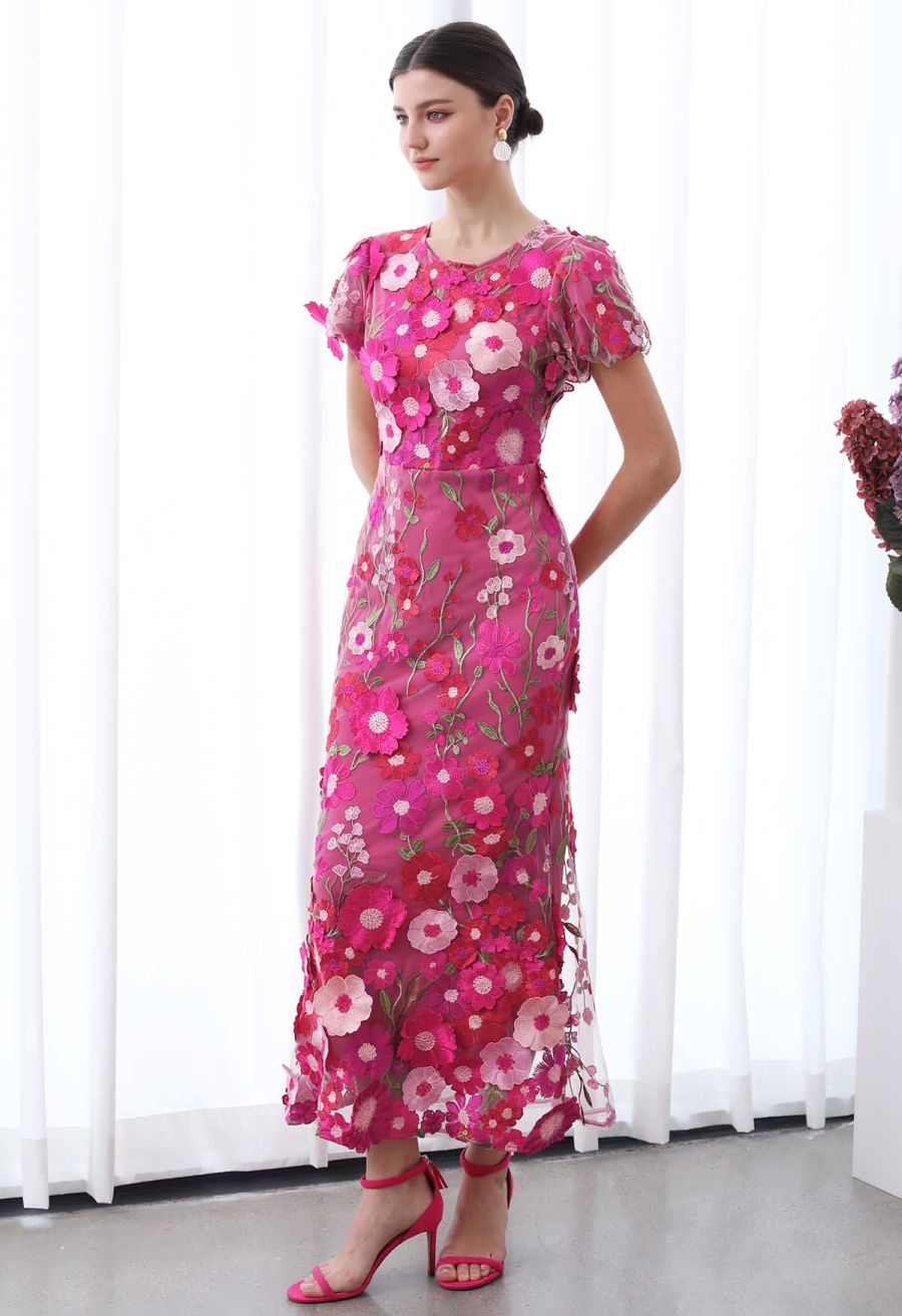 3D Floral Applique Mesh Tulle Mermaid Maxi Dress in Magenta