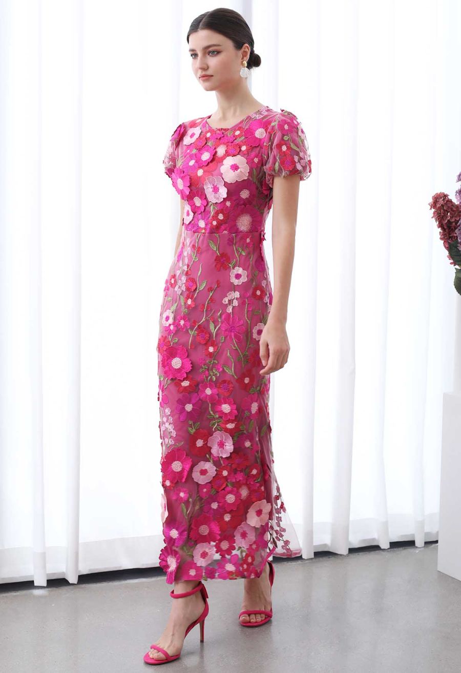 3D Floral Applique Mesh Tulle Mermaid Maxi Dress in Magenta