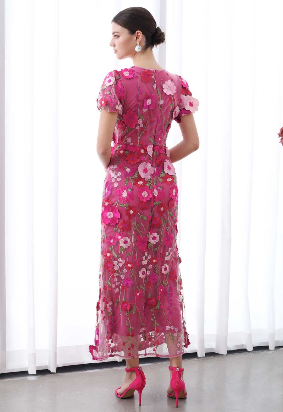 3D Floral Applique Mesh Tulle Mermaid Maxi Dress in Magenta