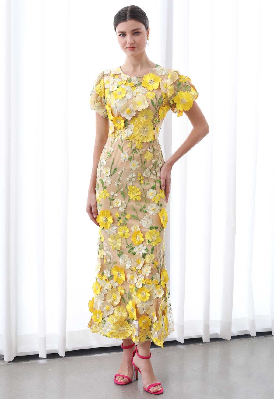3D Floral Applique Mesh Tulle Mermaid Maxi Dress in Yellow