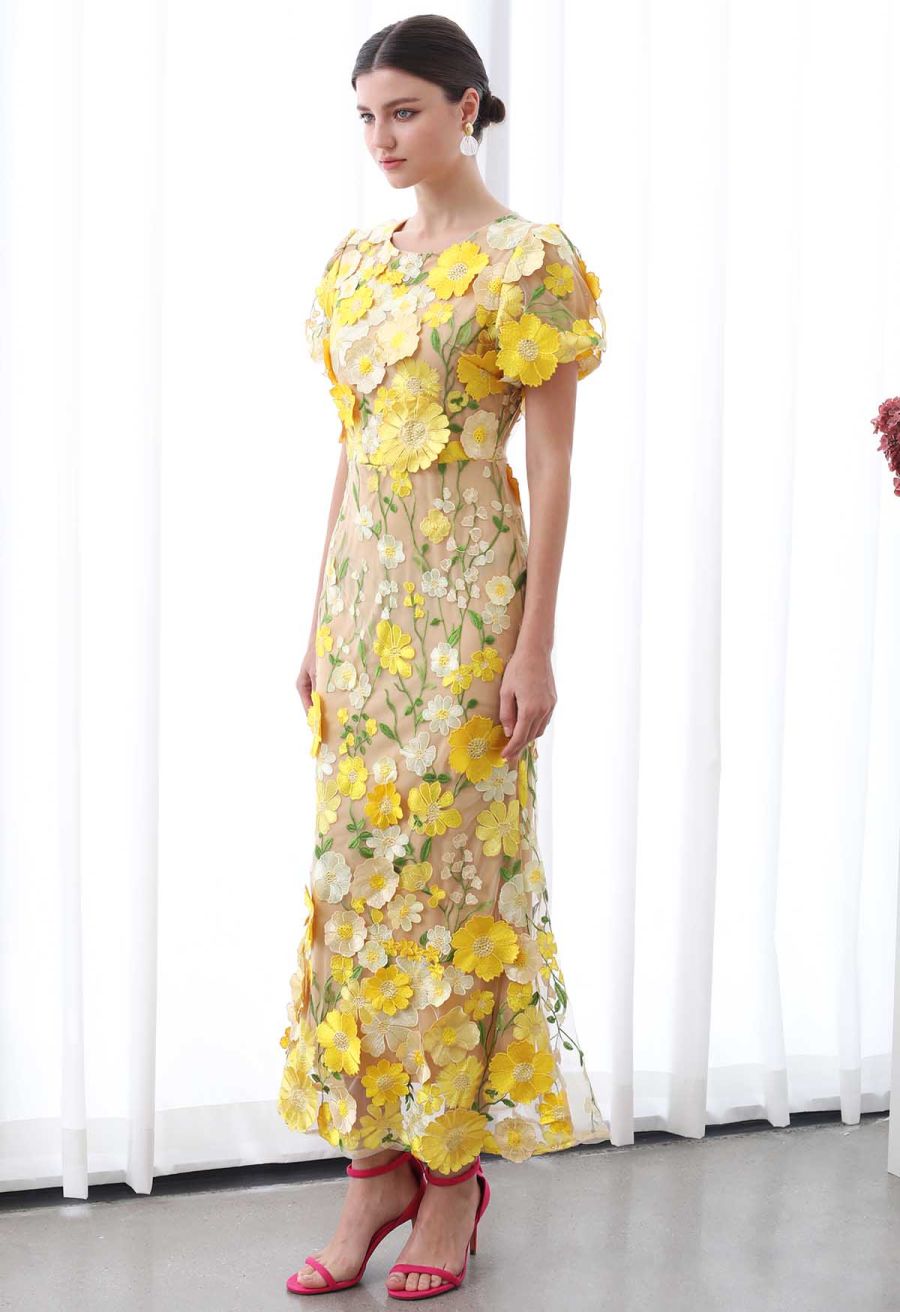 3D Floral Applique Mesh Tulle Mermaid Maxi Dress in Yellow