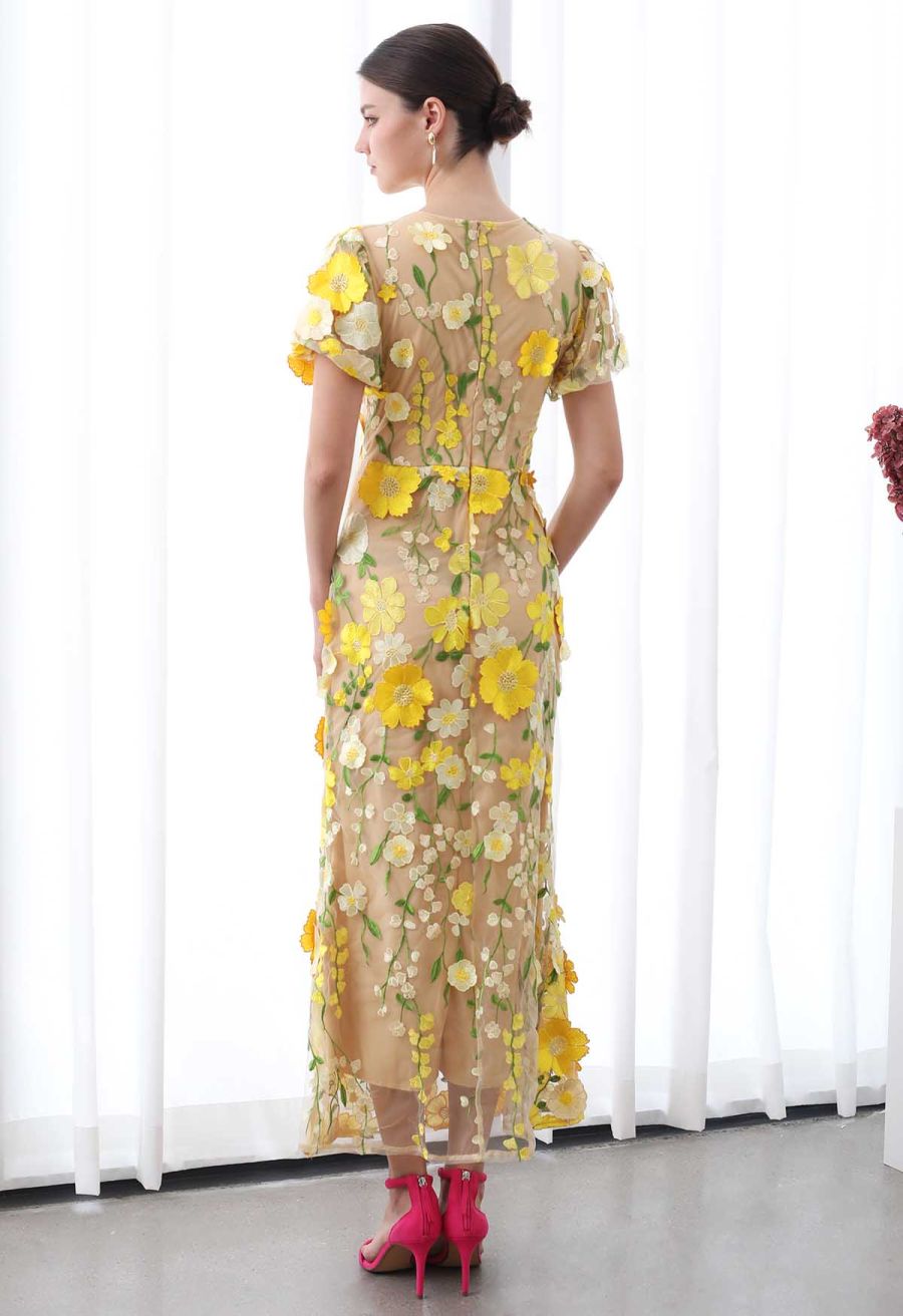 3D Floral Applique Mesh Tulle Mermaid Maxi Dress in Yellow
