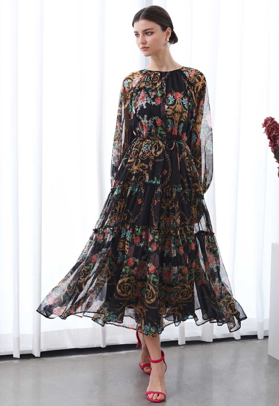 Peony Printed Ruffle Lantern Sleeve Maxi Dress in Black