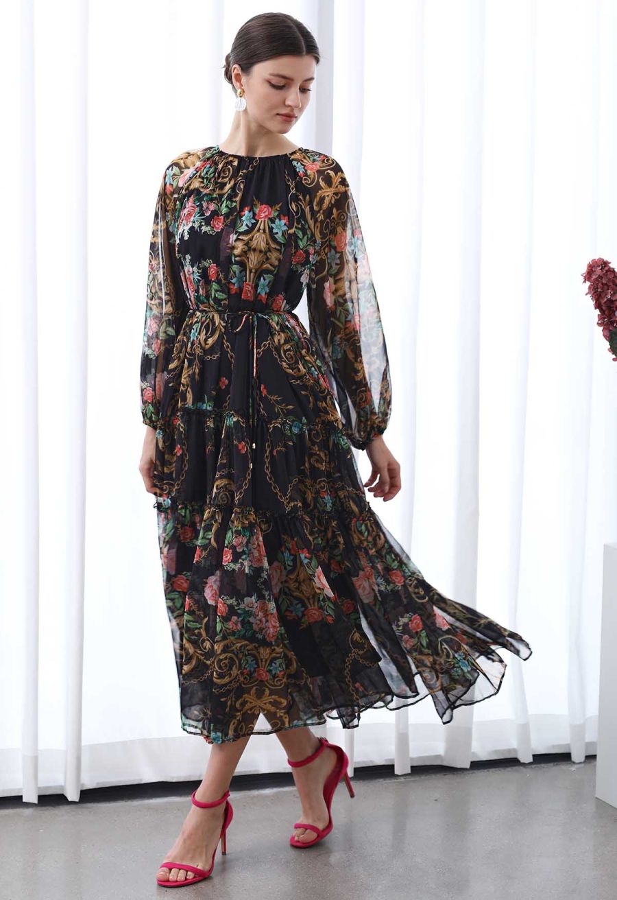Peony Printed Ruffle Lantern Sleeve Maxi Dress in Black