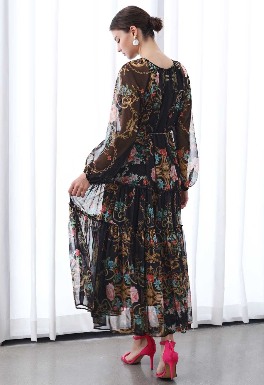 Peony Printed Ruffle Lantern Sleeve Maxi Dress in Black