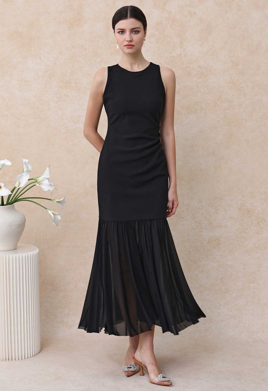 Mesh Spliced Hem Sleeveless Maxi Dress in Black