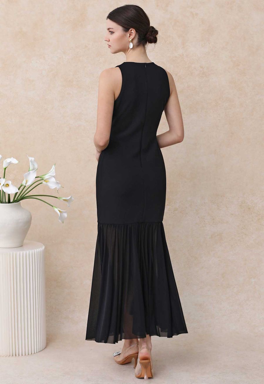 Mesh Spliced Hem Sleeveless Maxi Dress in Black