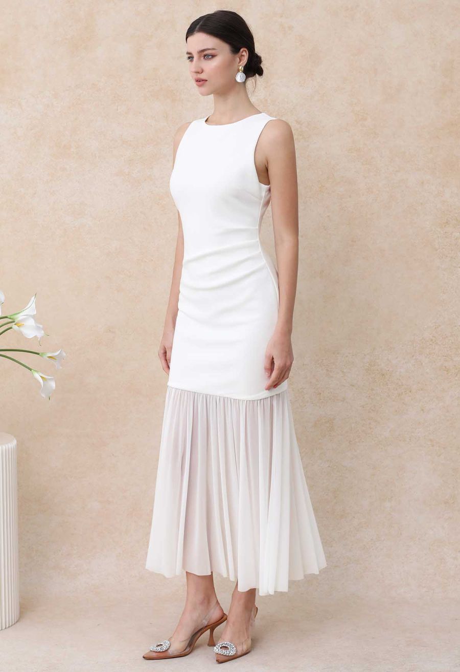 Mesh Spliced Hem Sleeveless Maxi Dress in White