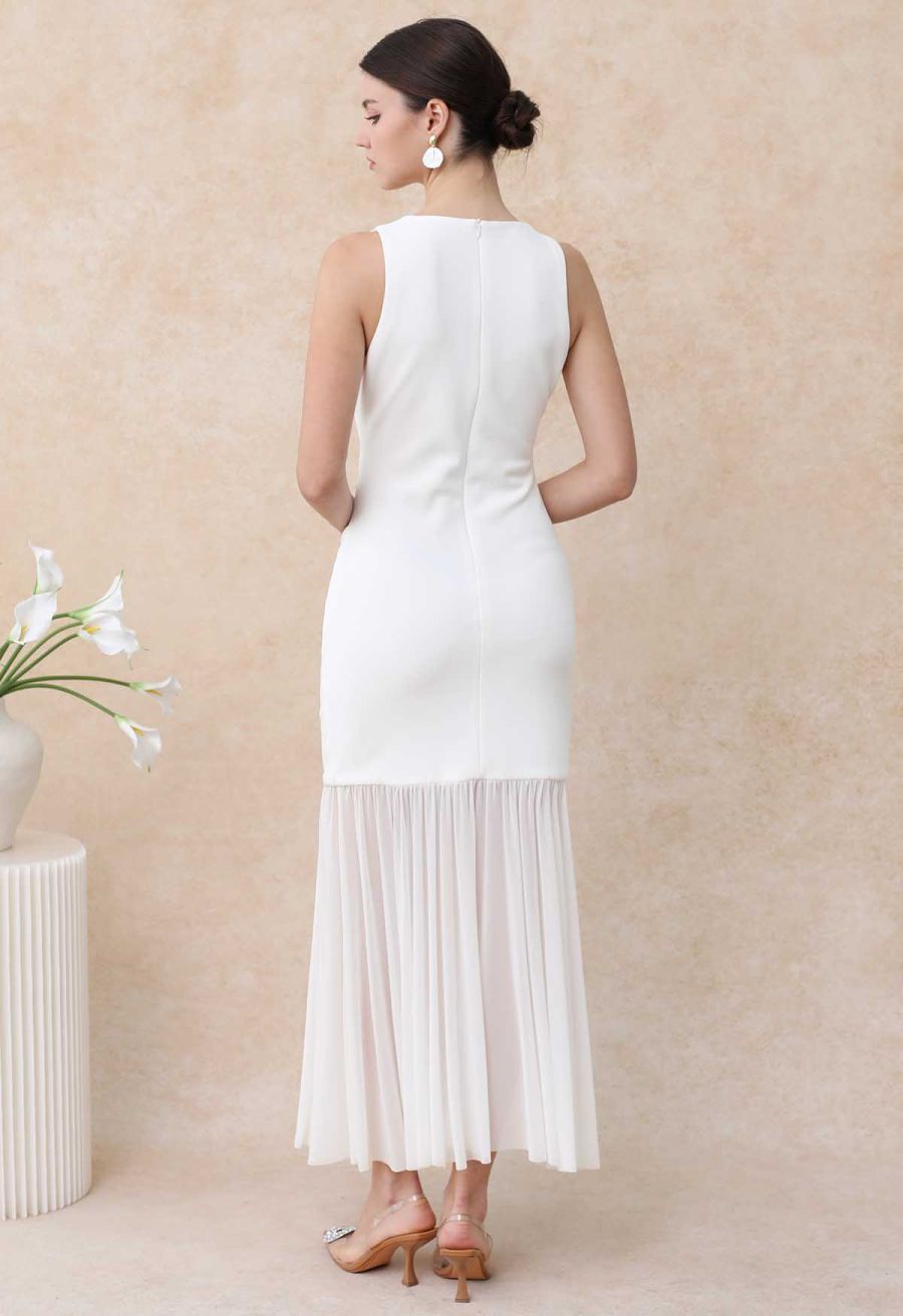 Mesh Spliced Hem Sleeveless Maxi Dress in White