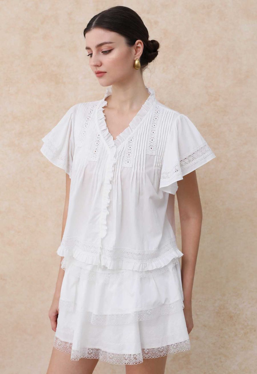 Lace Panel Pintuck Top and Tiered Mini Skirt Set in White