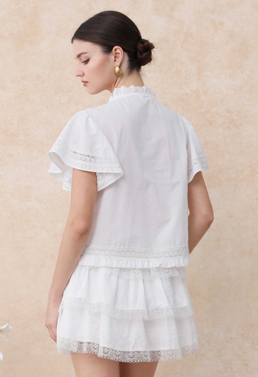 Lace Panel Pintuck Top and Tiered Mini Skirt Set in White