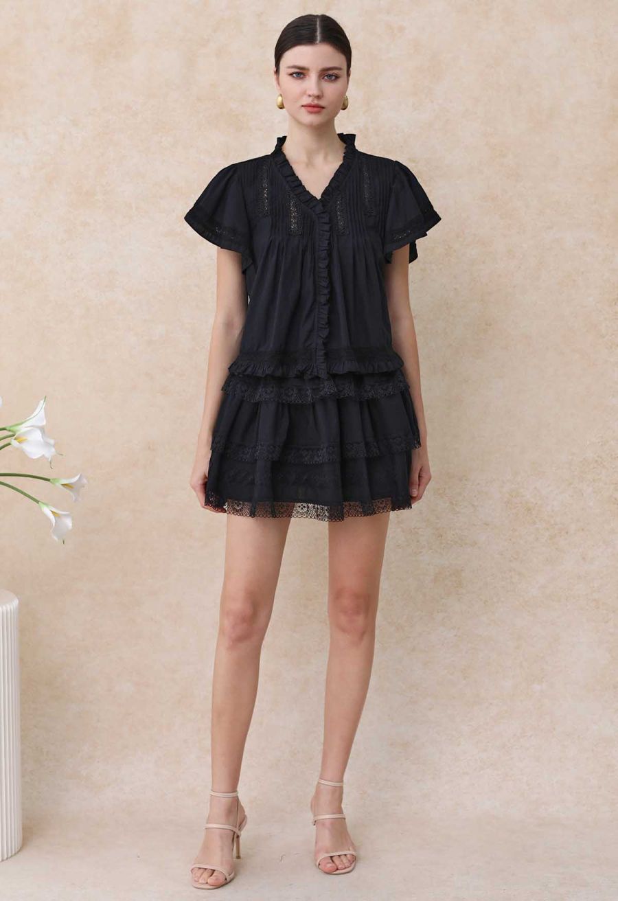 Lace Panel Pintuck Top and Tiered Mini Skirt Set in Black