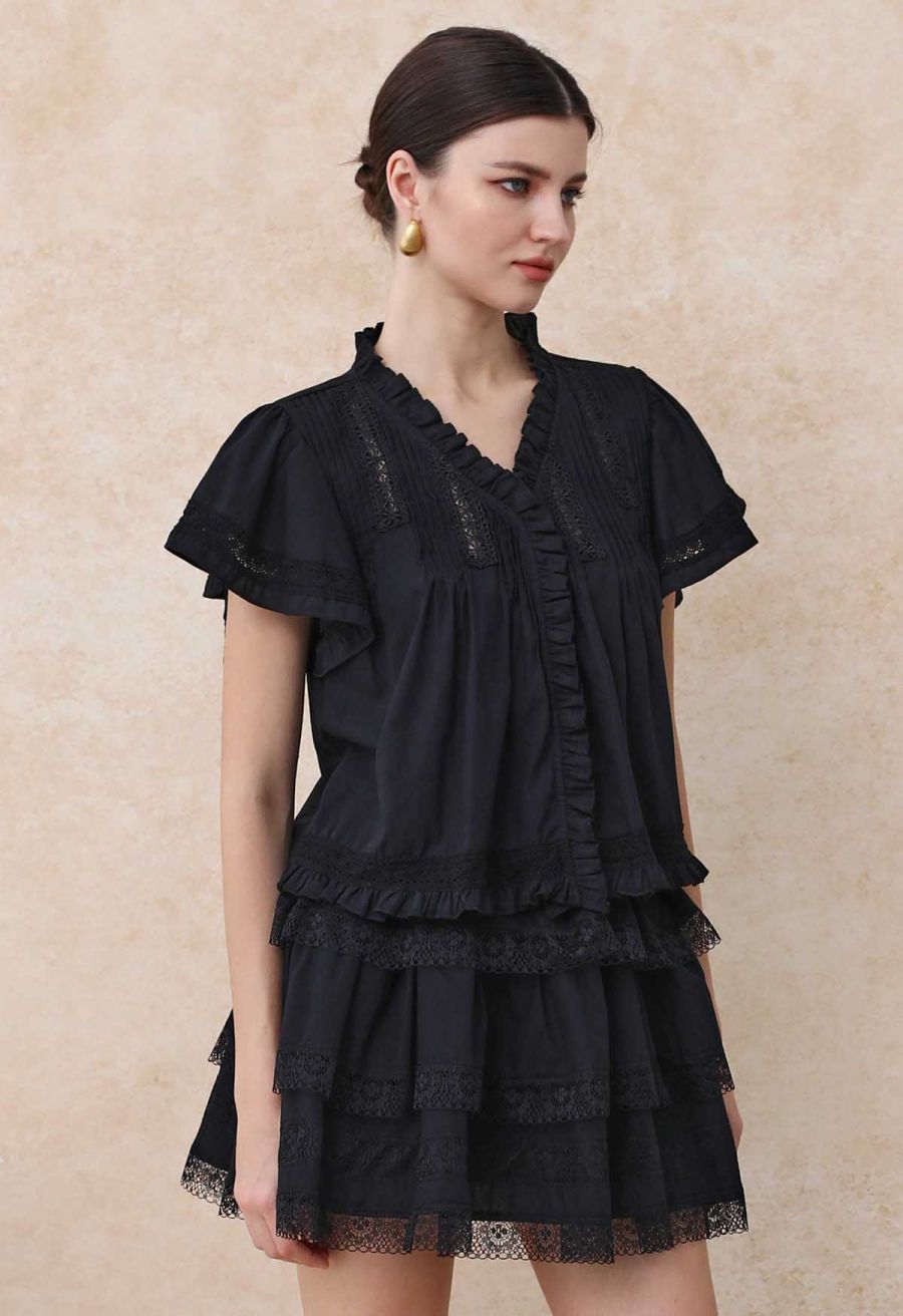 Lace Panel Pintuck Top and Tiered Mini Skirt Set in Black