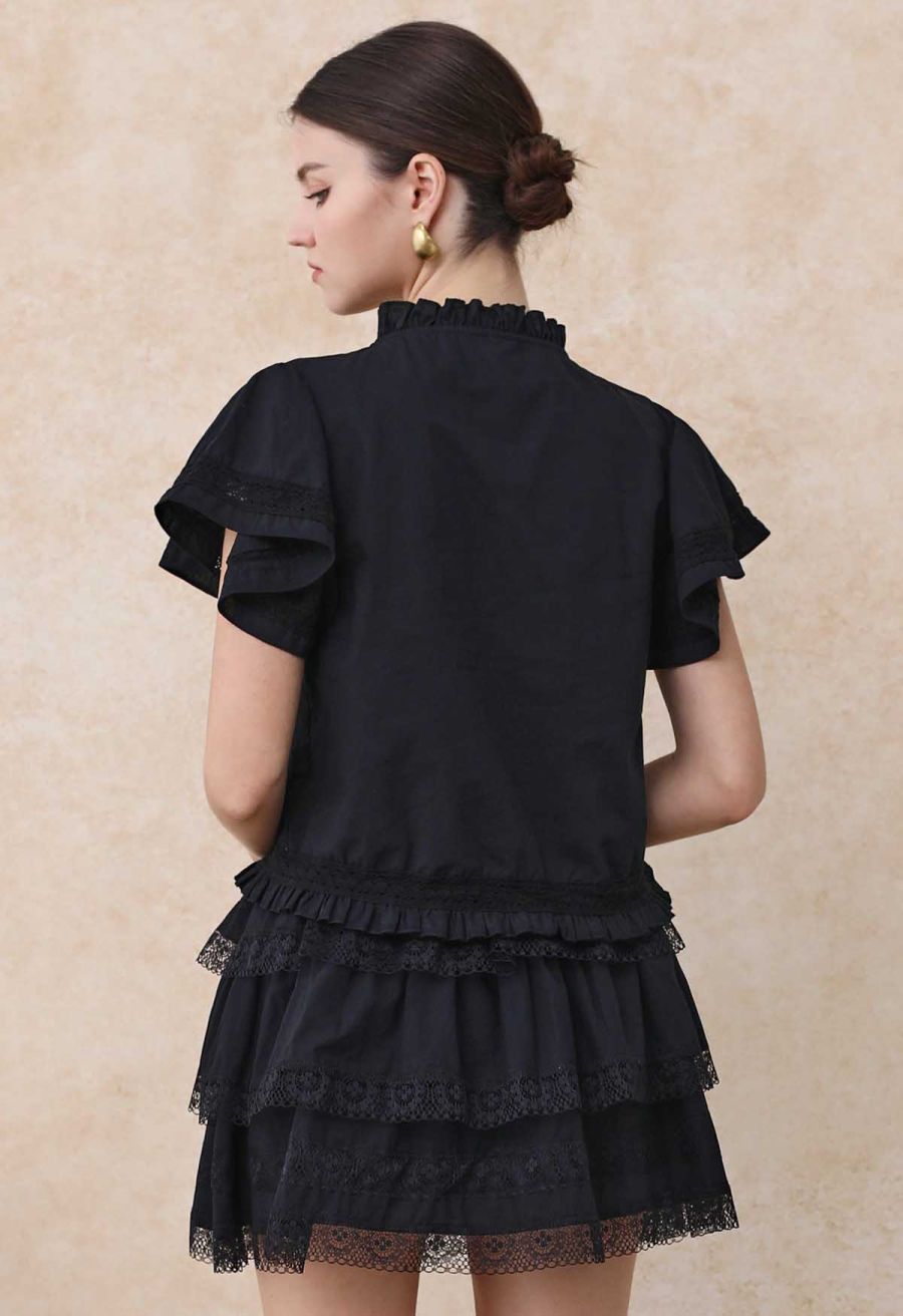 Lace Panel Pintuck Top and Tiered Mini Skirt Set in Black