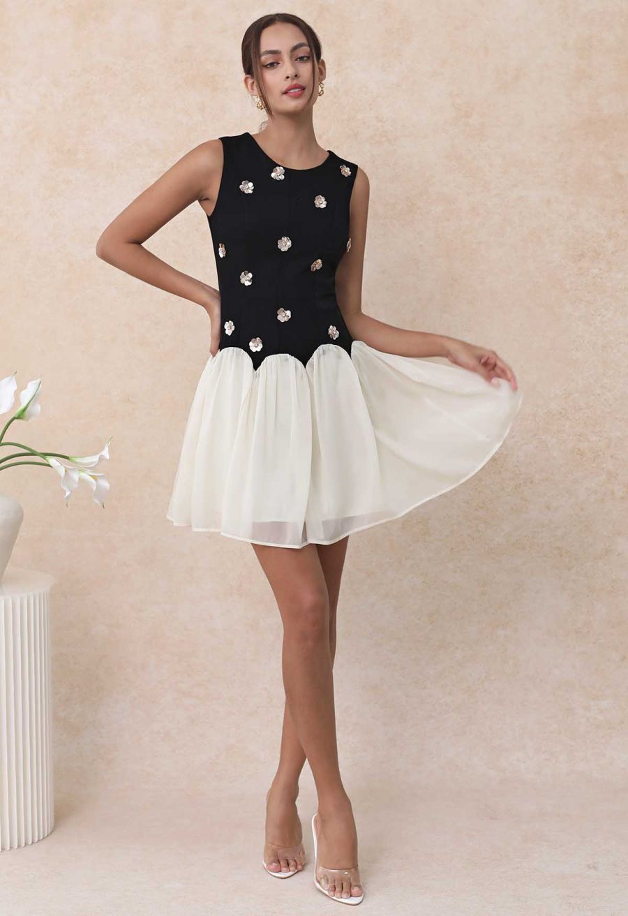 Sequined Flower Organza Spliced Sleeveless Mini Dress