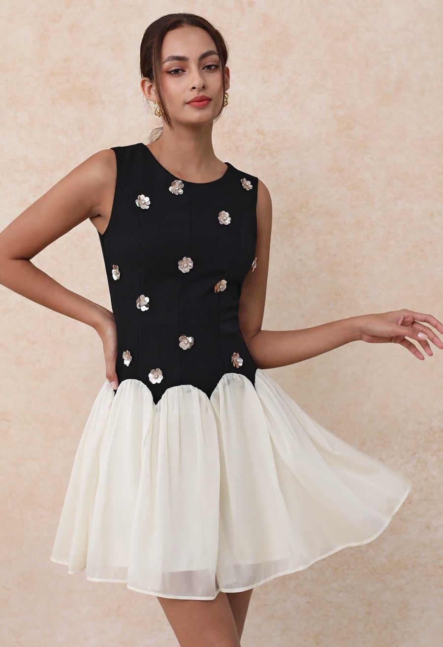 Sequined Flower Organza Spliced Sleeveless Mini Dress