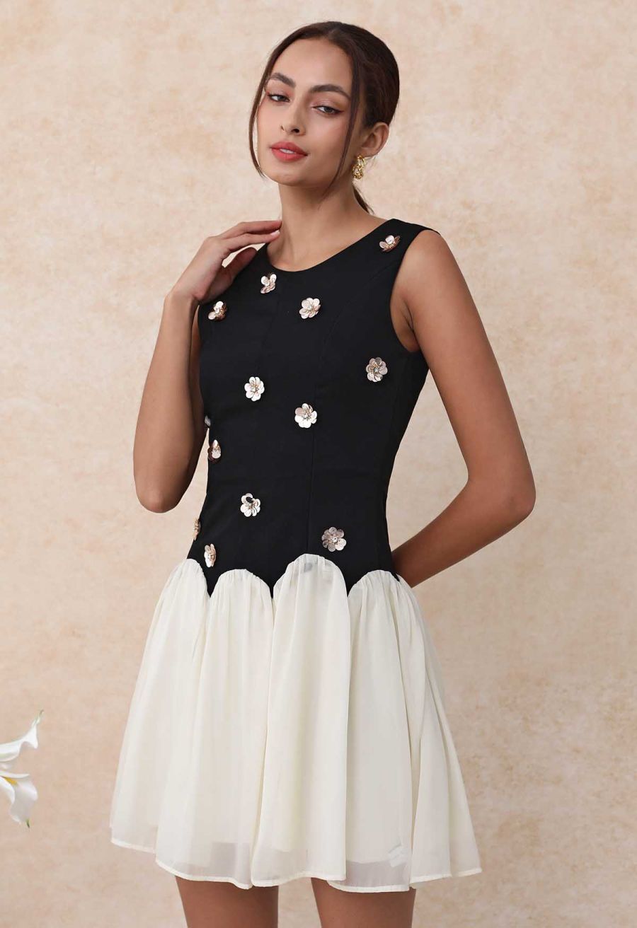 Sequined Flower Organza Spliced Sleeveless Mini Dress