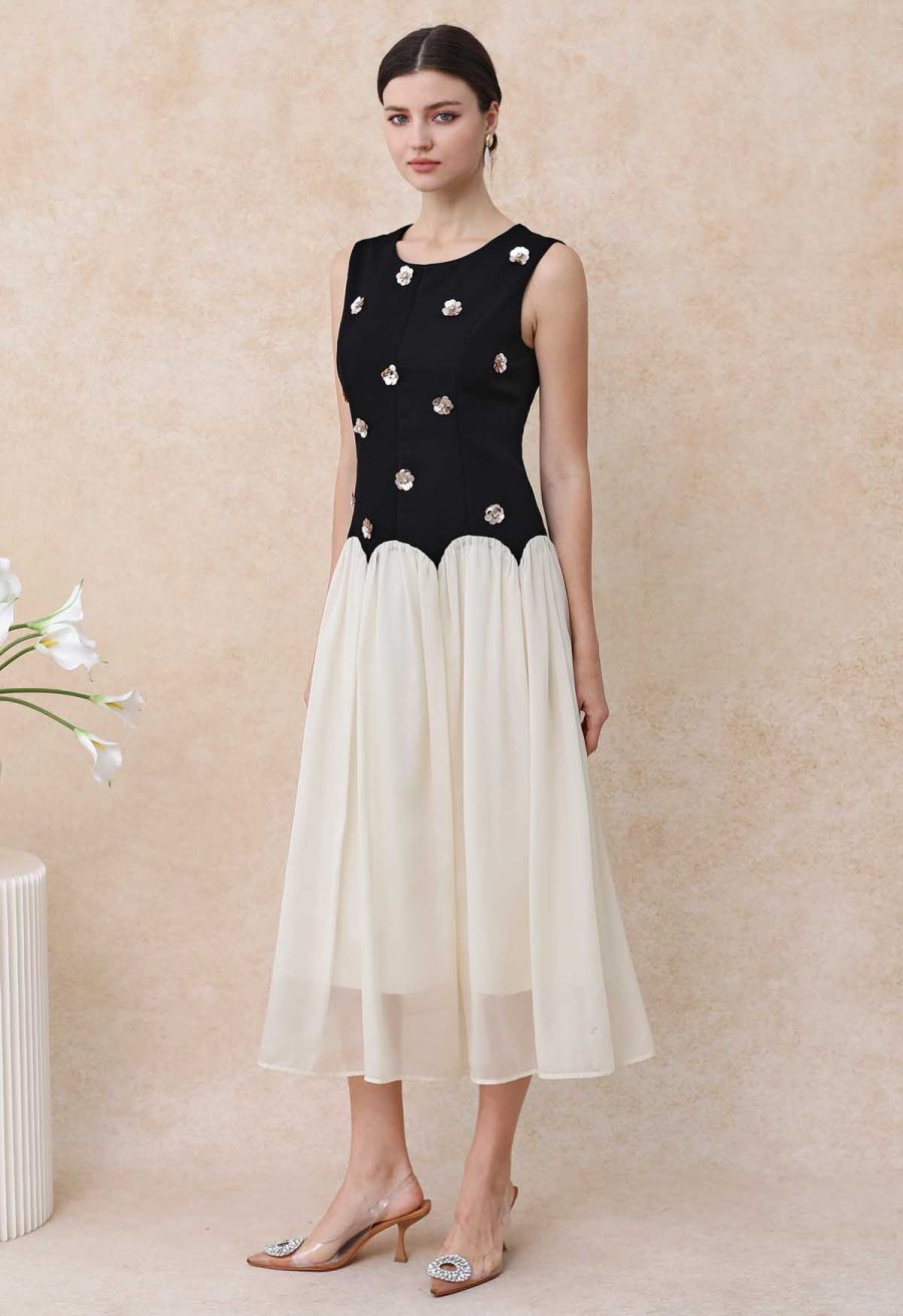 Sequined Flower Organza Spliced Sleeveless Midi Dress