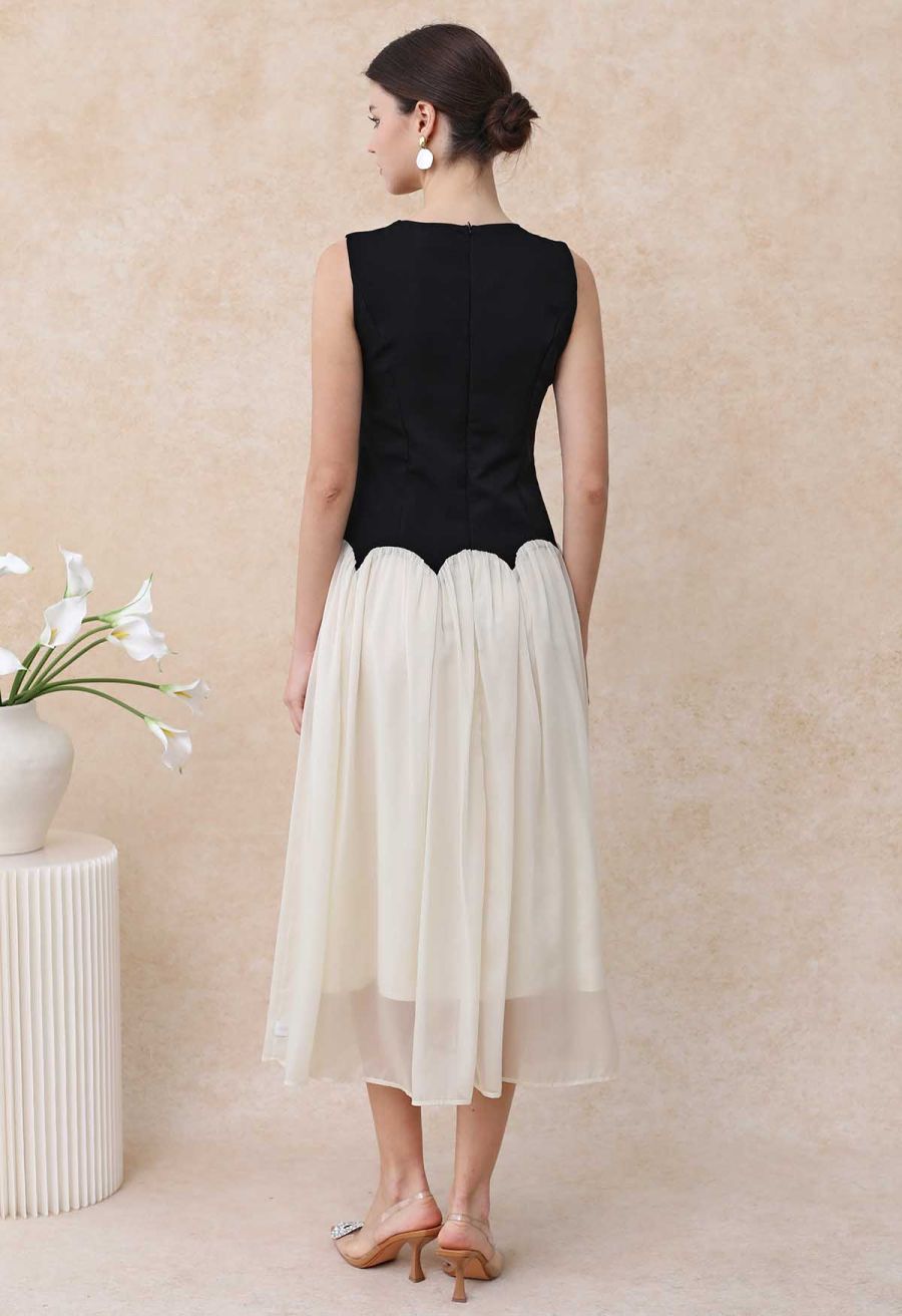 Sequined Flower Organza Spliced Sleeveless Midi Dress