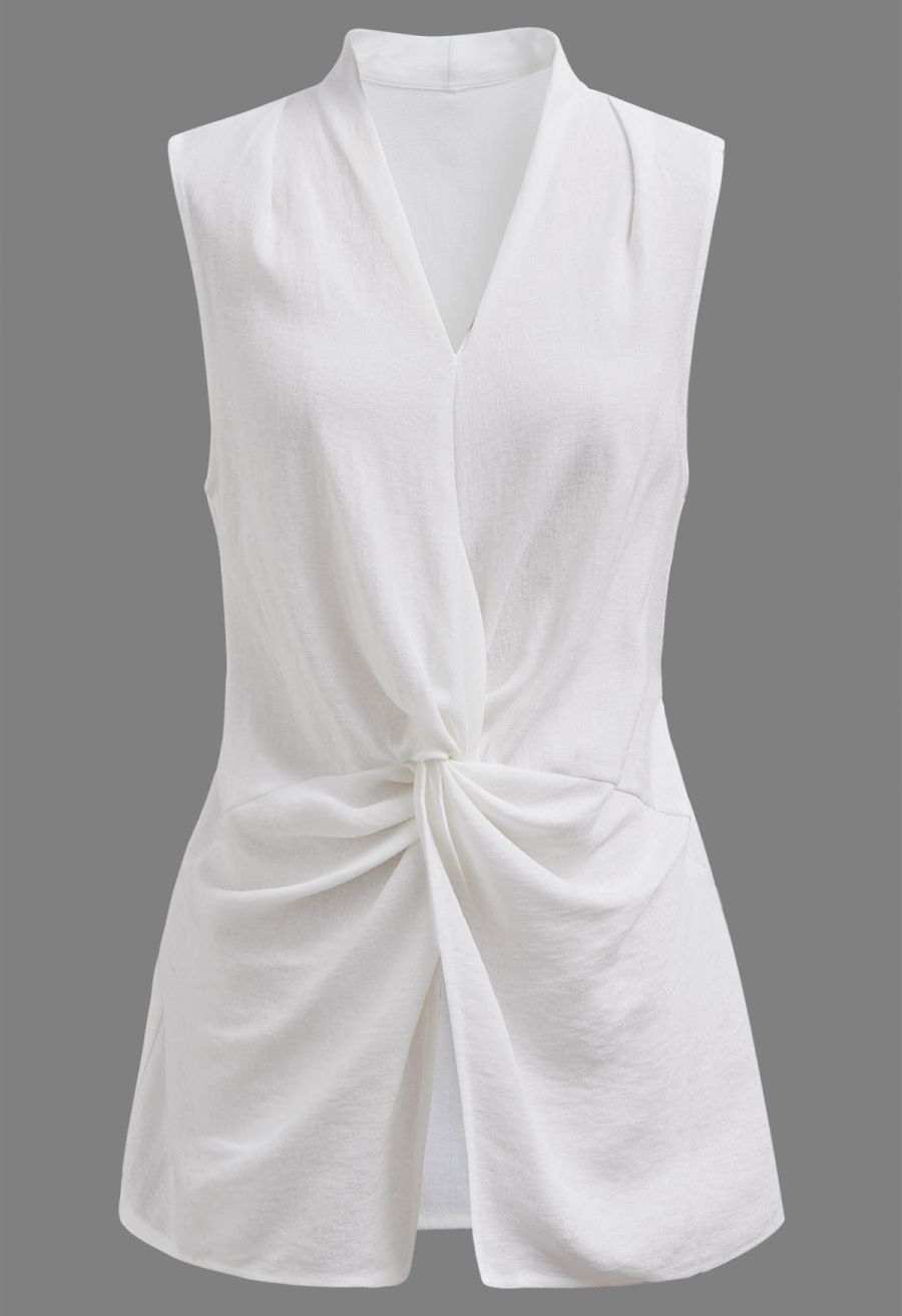 Knot Front Tie-Back Sleeveless Top in White
