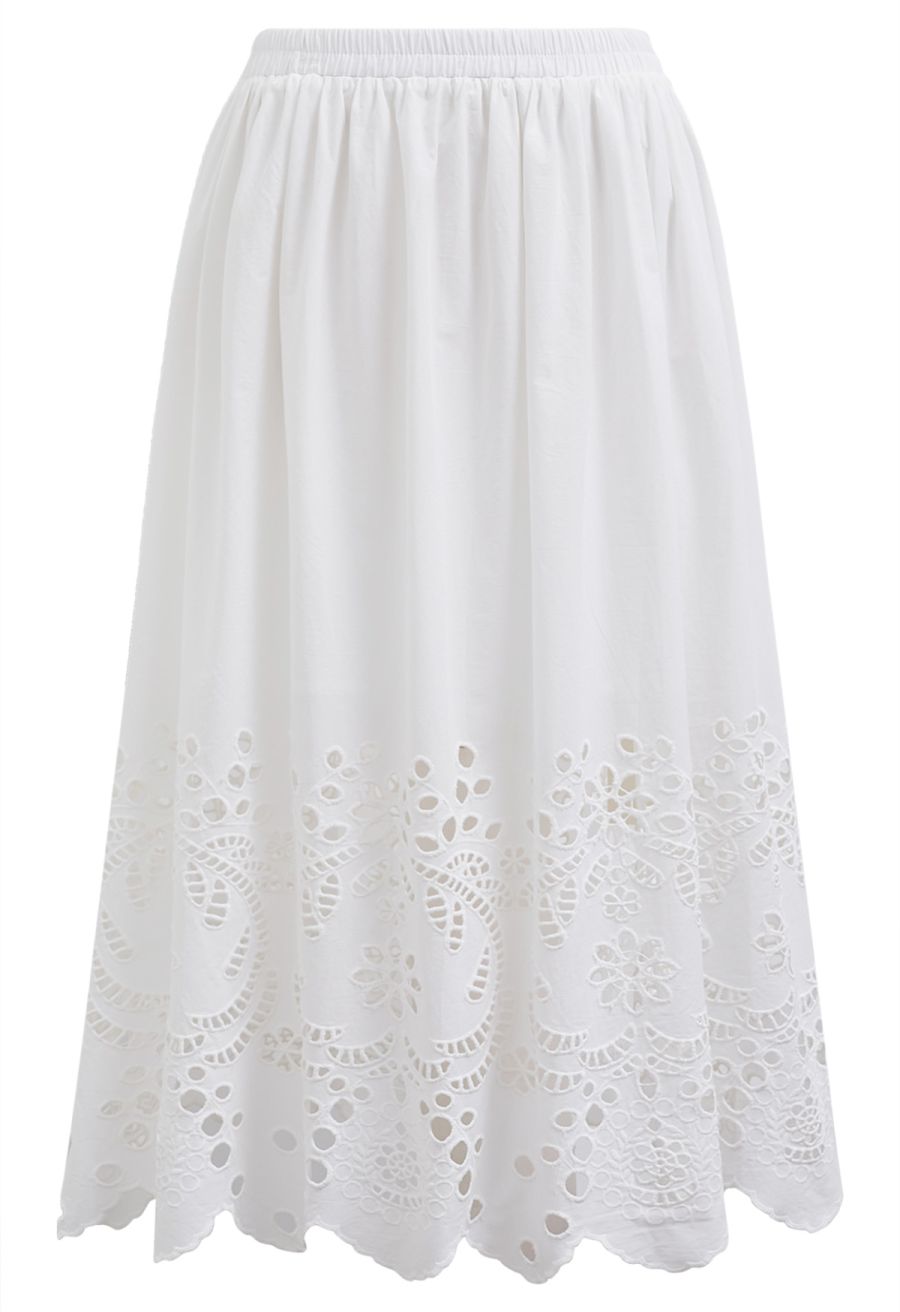 Artistic Floral Cutwork Cotton Midi Skirt