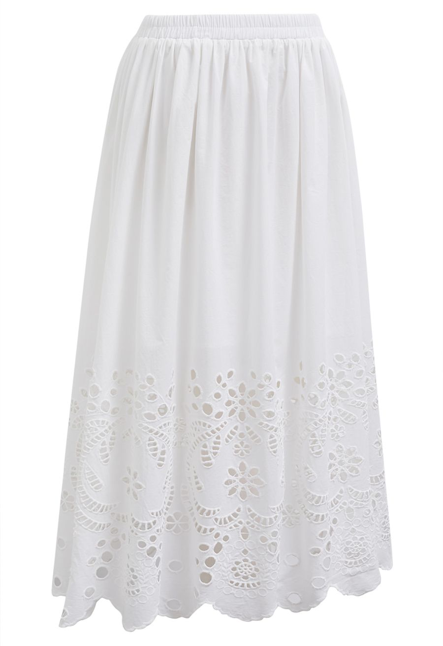 Artistic Floral Cutwork Cotton Midi Skirt