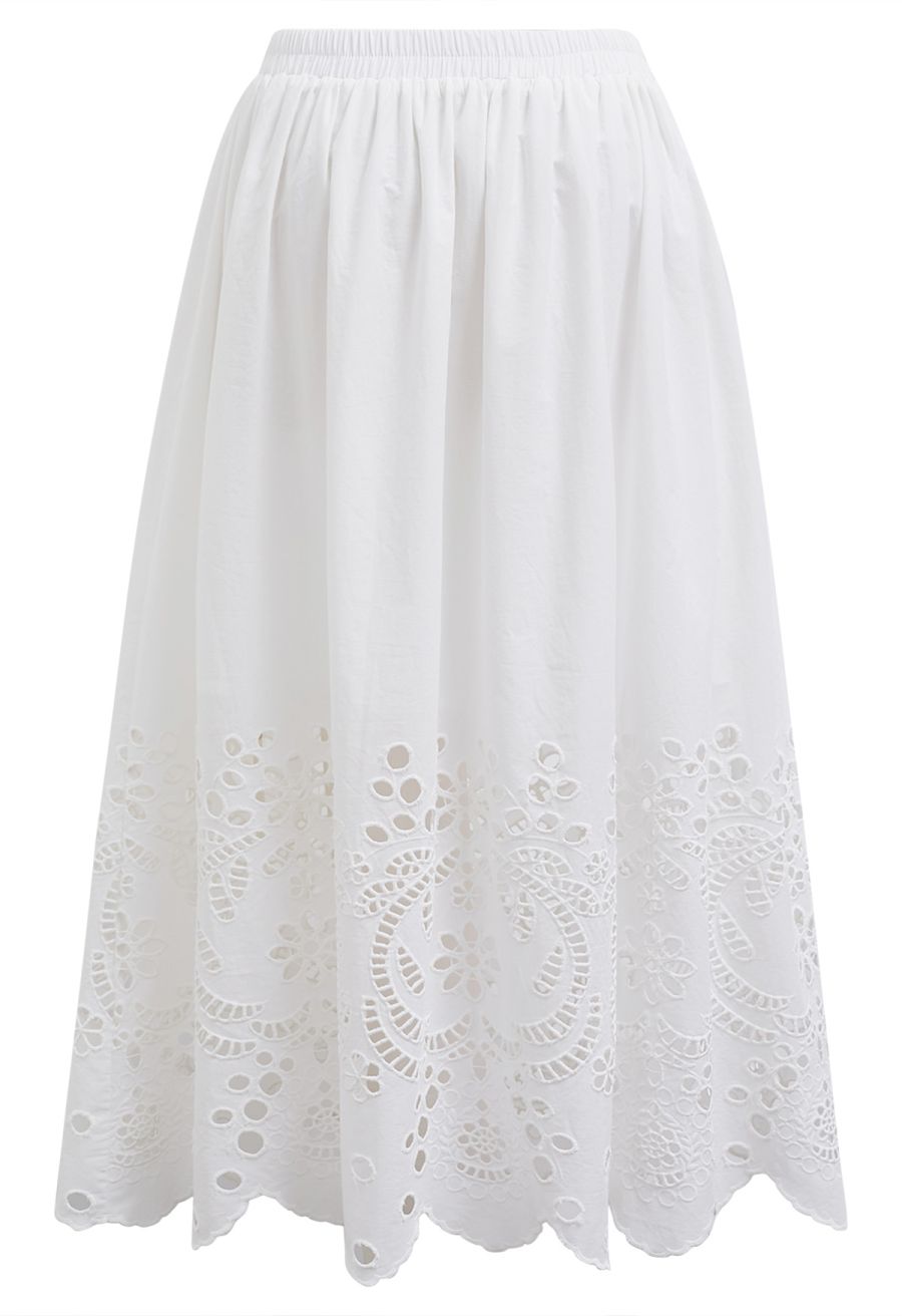 Artistic Floral Cutwork Cotton Midi Skirt