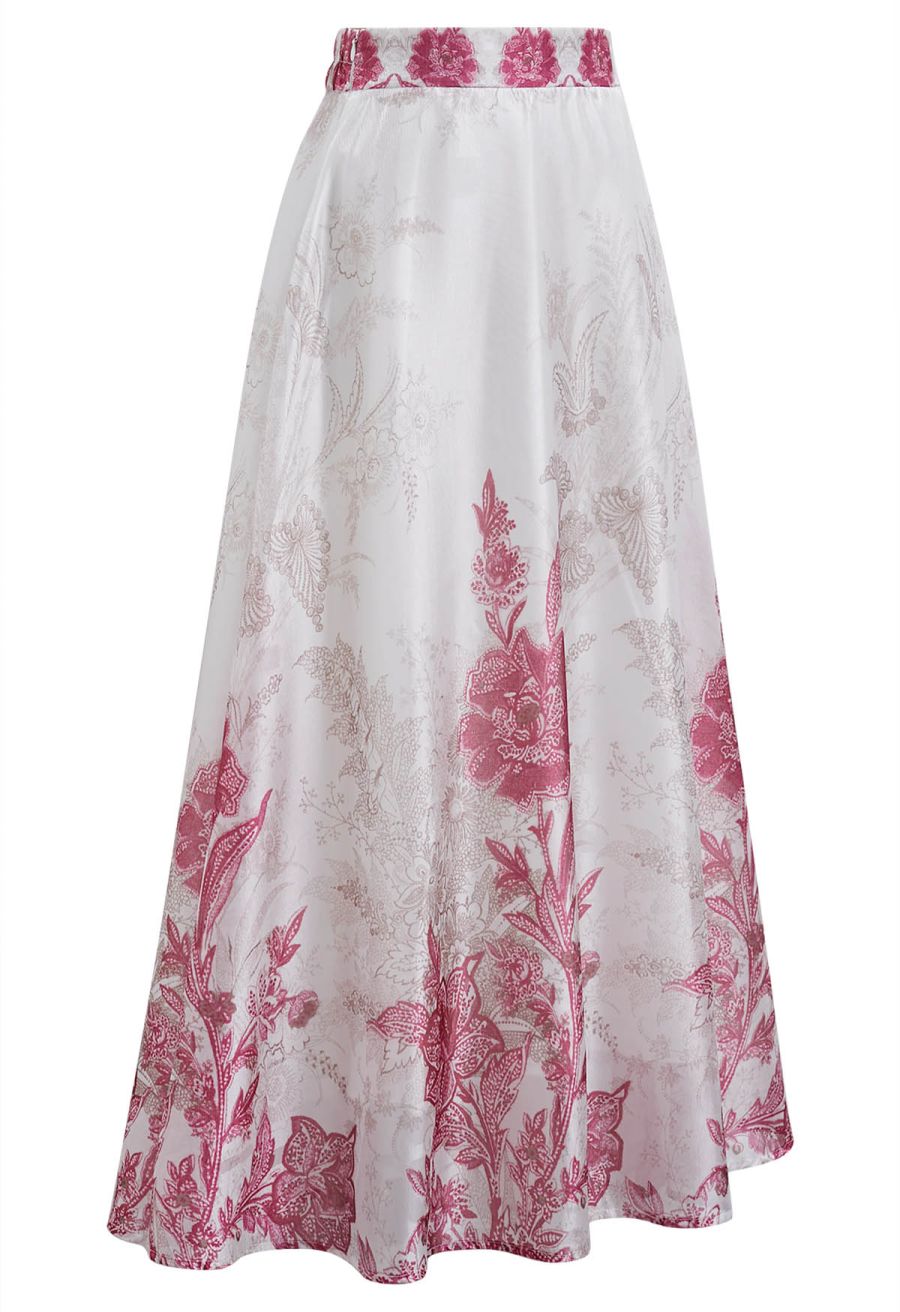 Sketch Pink Floral Half Elastic Waistband A-Line Maxi Skirt