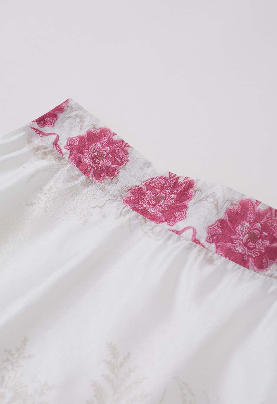 Sketch Pink Floral Half Elastic Waistband A-Line Maxi Skirt