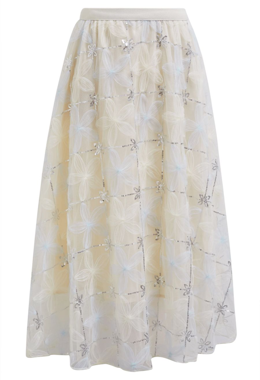 Floral Applique Sequin-Embellished Mesh Tulle Skirt in Light Blue