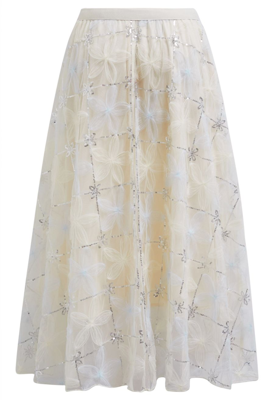 Floral Applique Sequin-Embellished Mesh Tulle Skirt in Light Blue