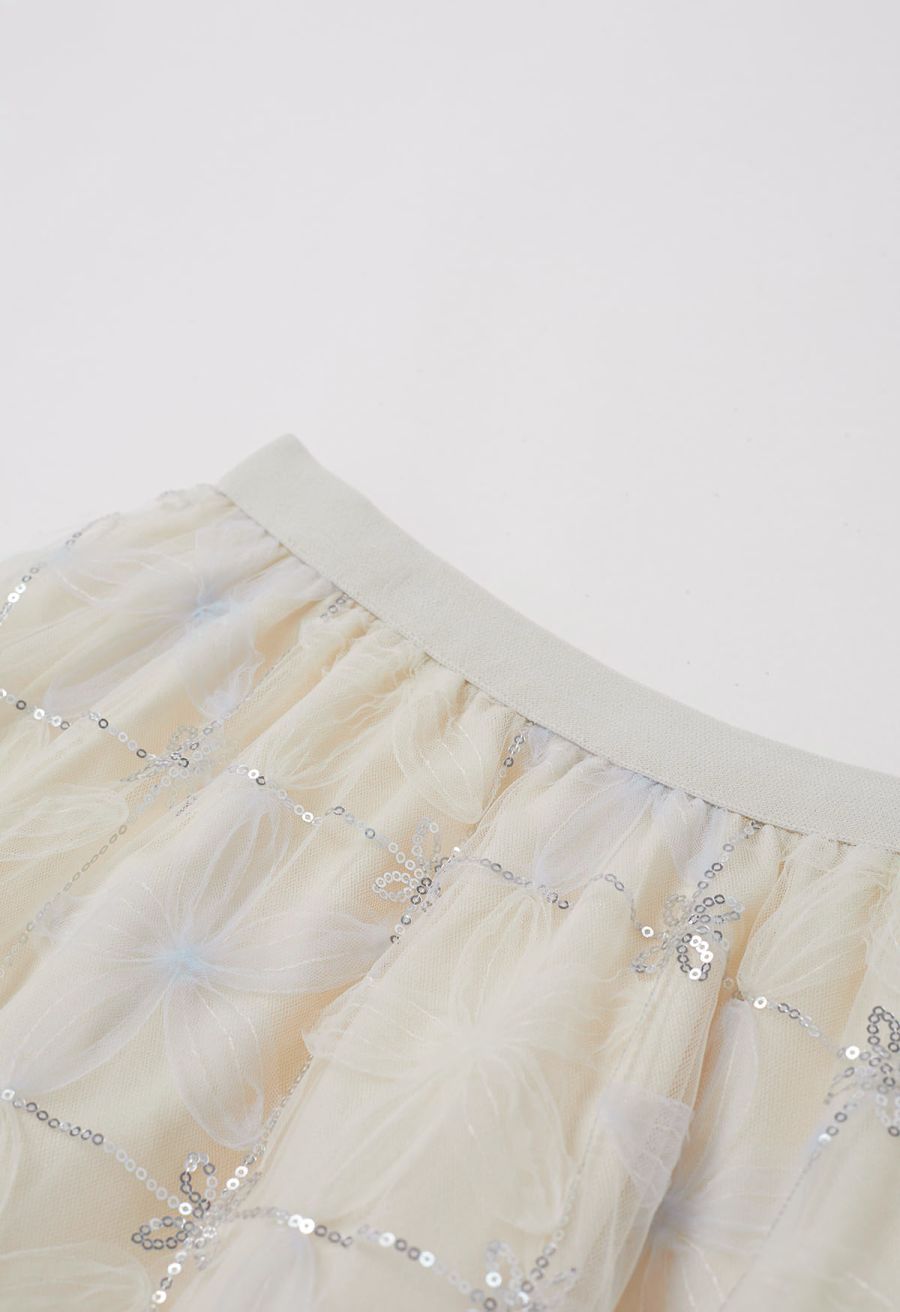 Floral Applique Sequin-Embellished Mesh Tulle Skirt in Light Blue