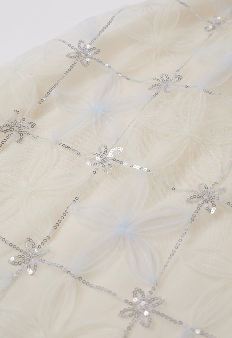 Floral Applique Sequin-Embellished Mesh Tulle Skirt in Light Blue
