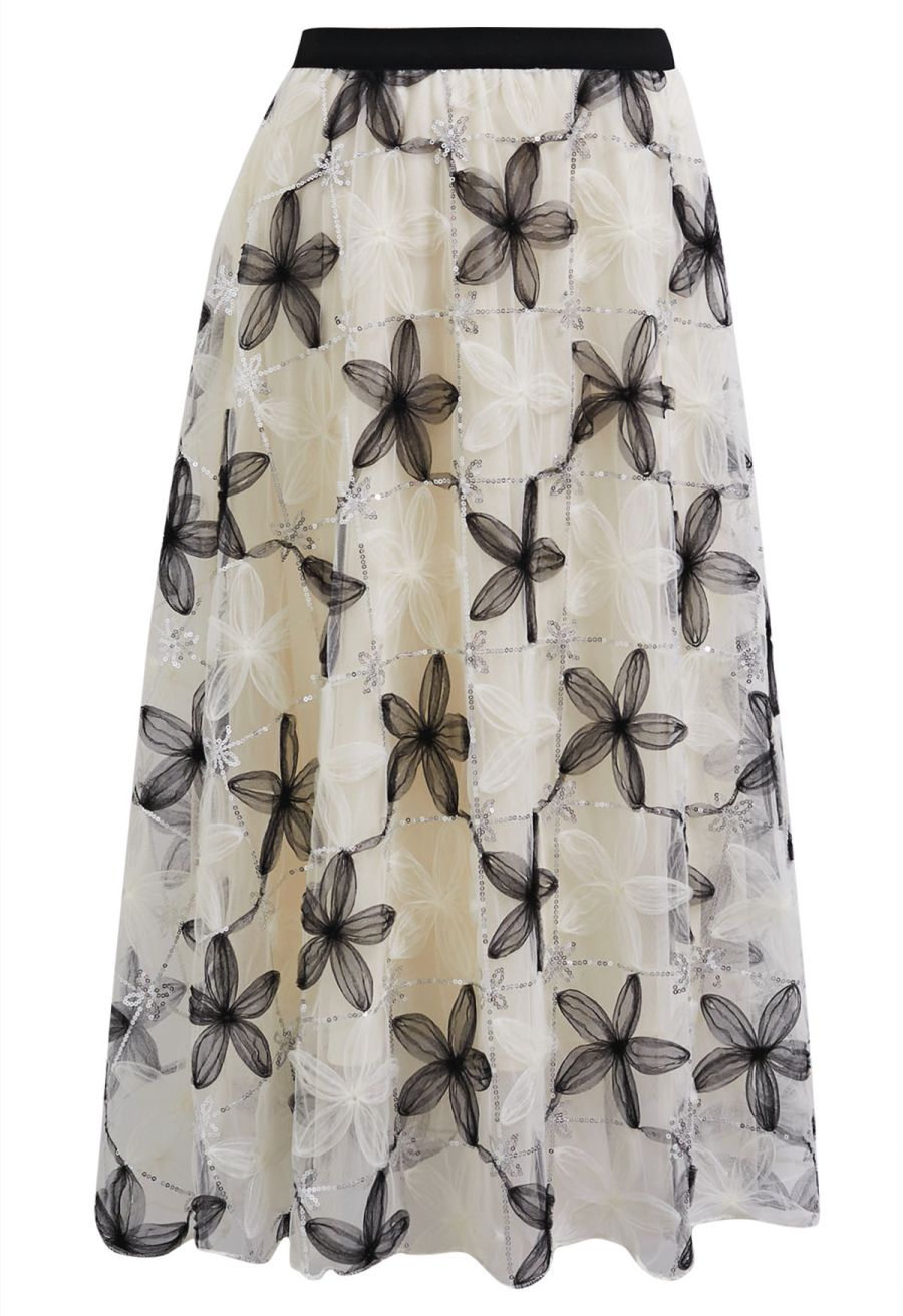 Floral Applique Sequin-Embellished Mesh Tulle Skirt in Black