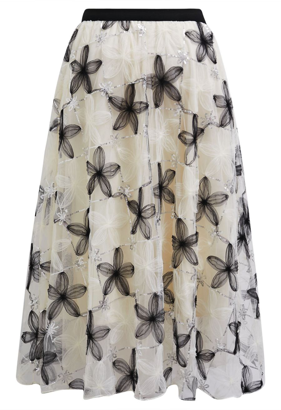 Floral Applique Sequin-Embellished Mesh Tulle Skirt in Black