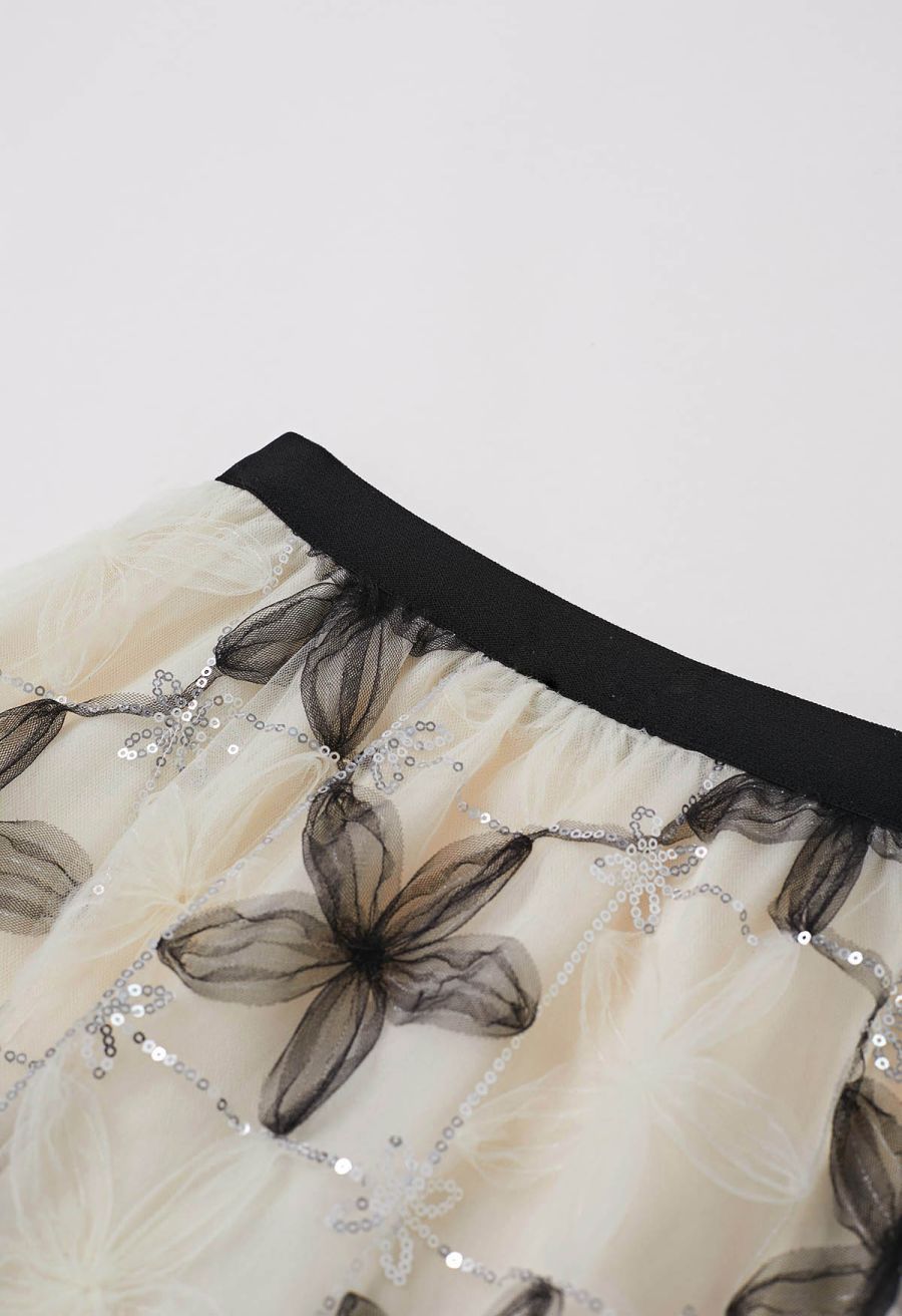 Floral Applique Sequin-Embellished Mesh Tulle Skirt in Black