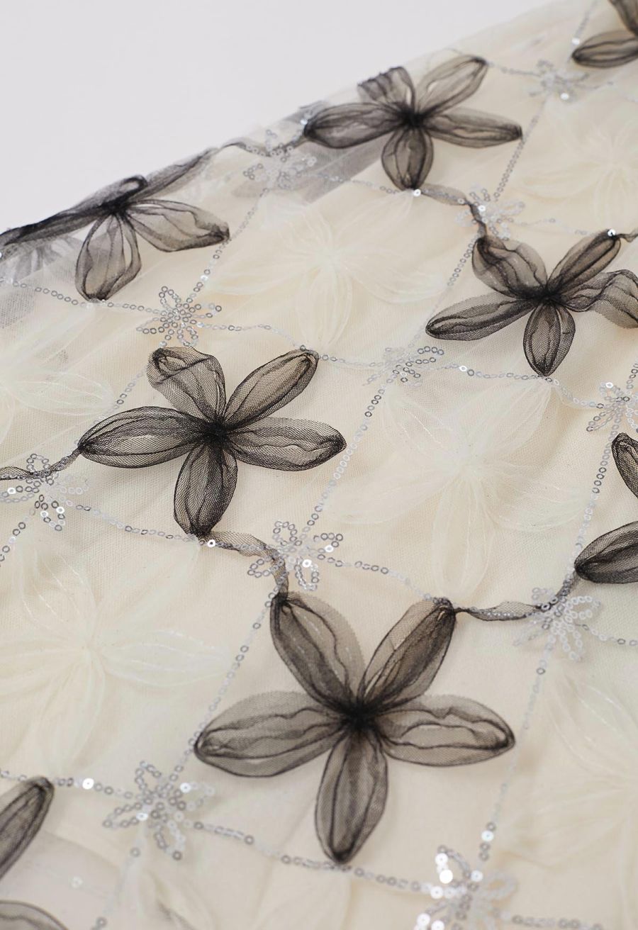 Floral Applique Sequin-Embellished Mesh Tulle Skirt in Black