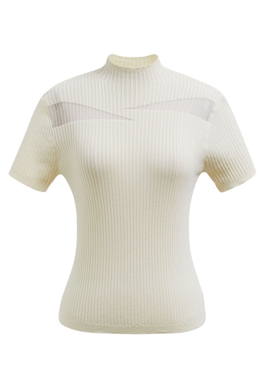 Mock Neck Mesh Inserted Short Sleeve Top in Cream