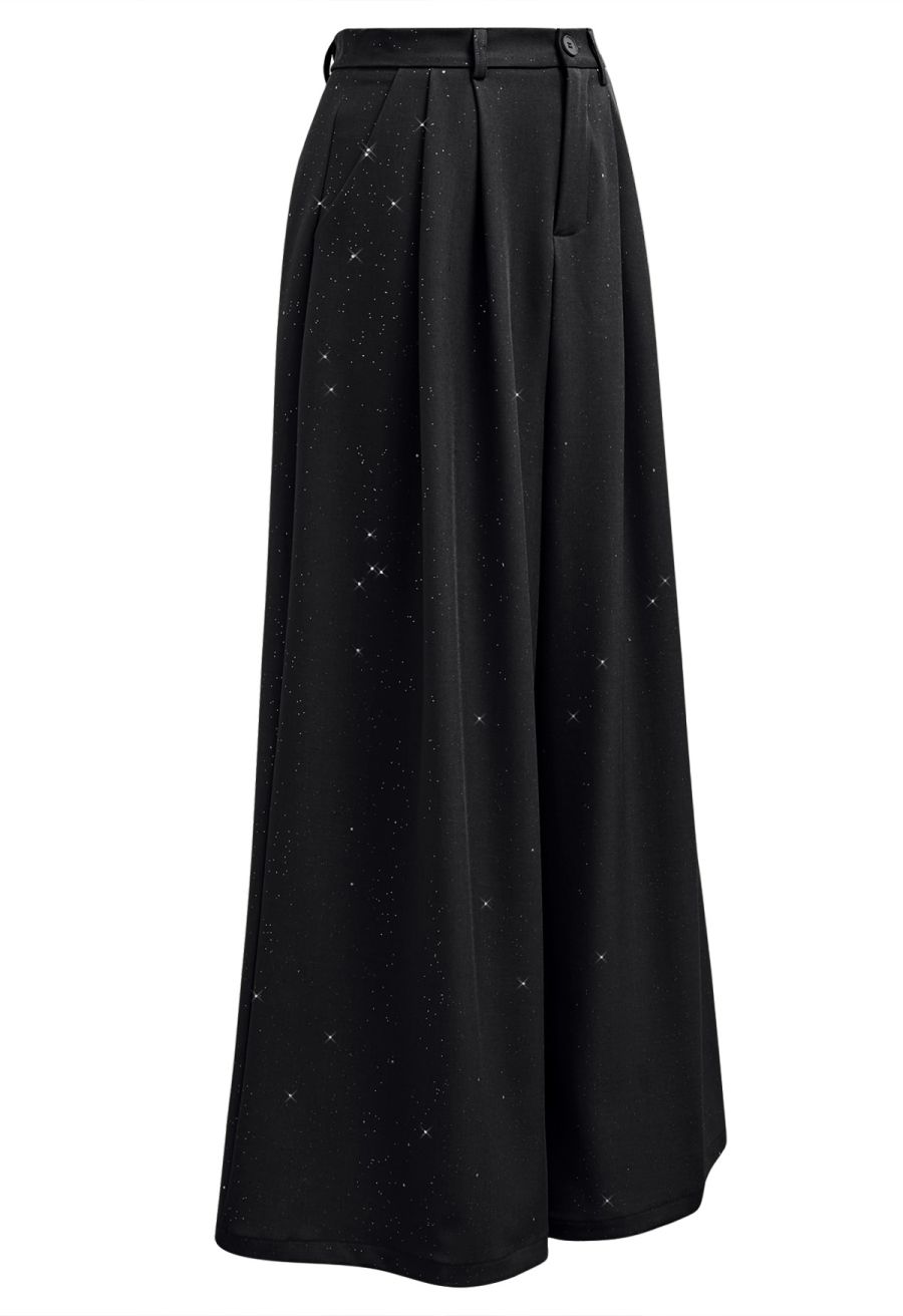 Glitter Accent Wide-Leg Palazzo Pants in Black