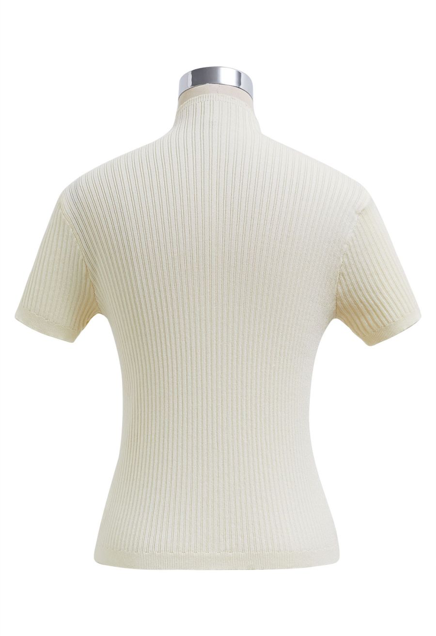 Mock Neck Mesh Inserted Short Sleeve Top in Cream