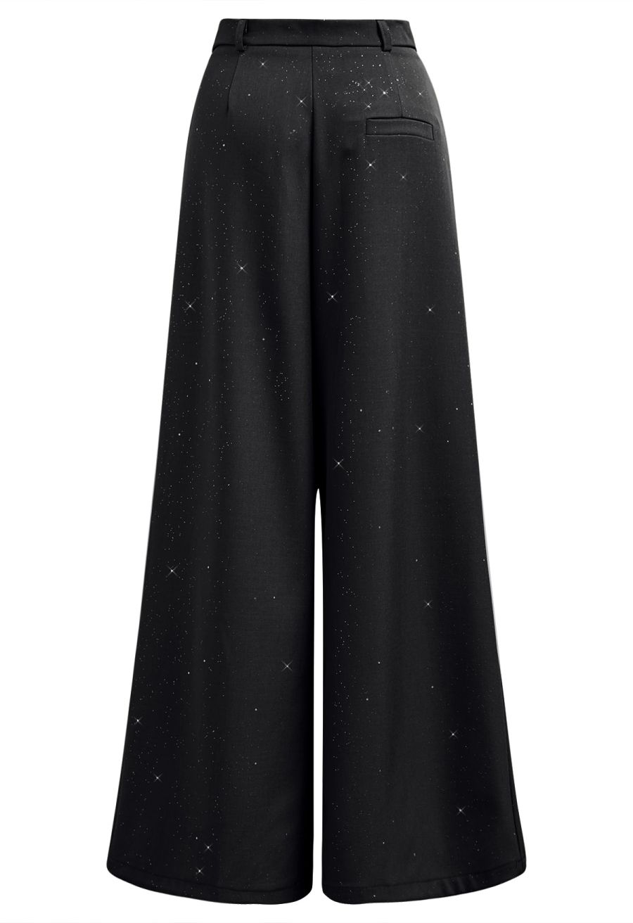 Glitter Accent Wide-Leg Palazzo Pants in Black