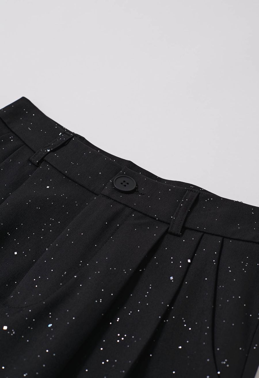Glitter Accent Wide-Leg Palazzo Pants in Black