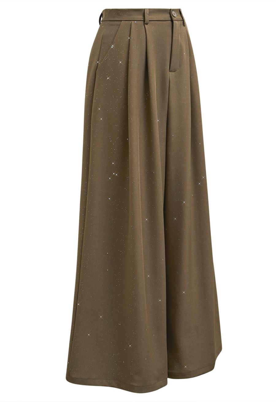 Glitter Accent Wide-Leg Palazzo Pants in Brown
