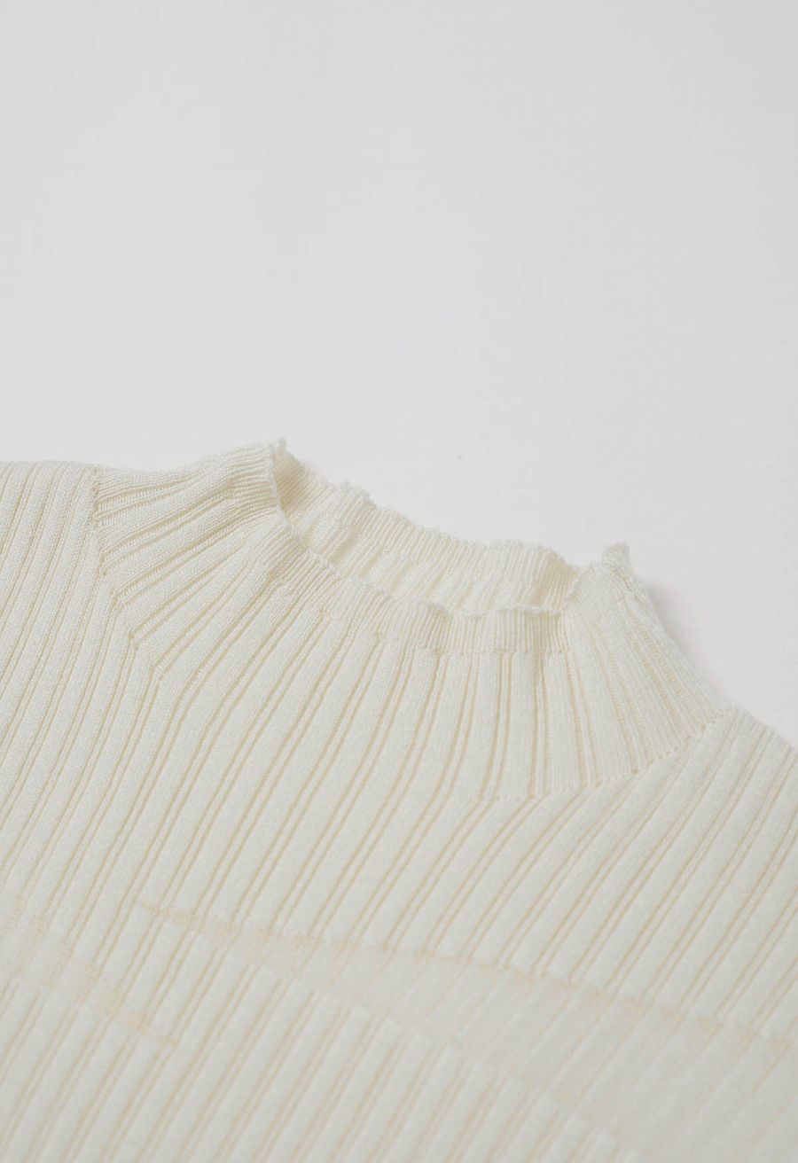 Mock Neck Mesh Inserted Short Sleeve Top in Cream